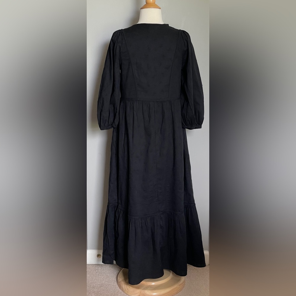 Old Navy Black Tiered, 3/4 Sleeve Dress with Tie Neck, Size XS, Boho, Hippie - Picture 3 of 9
